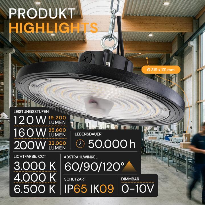 Actual product image Enovalite LED-HighBay, Sensor-ready, UFO, anpassbare Leistung und Licht, 120-200 W, 3000–6500K (32000 lm)