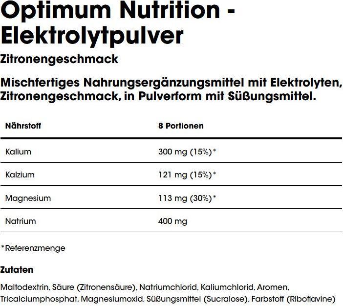Nährwerte und Zutaten Optimum Nutrition Electrolyte Powder (1 Stk., 264 g)