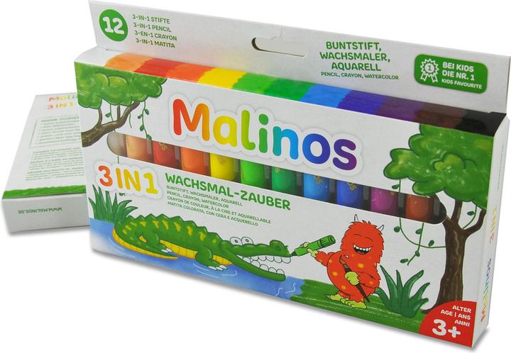 Malinos Wachsmalstifte 3-in-1 (Schwarz, Braun, Dunkelblau, Hellblau, Hellgrün, Lila, Weiss, Rot, Grün, Gelb, Orange, Rosa, 12 x)