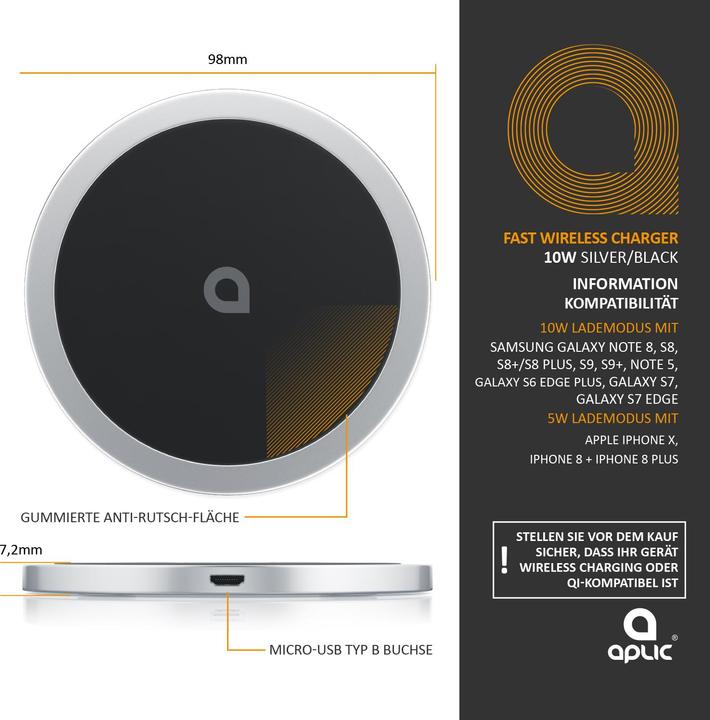 Produktbild Aplic Induktions Ladegerät, Qi Wireless Lader - Induktive Schnell-Ladestation, 10W Induktionsladegerät (10 W)