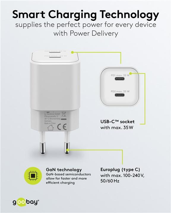Actual product image Goobay USB-C PD GaN Dual-Schnellladegerät Nano 35 W weiss (35 W, 2 ports)