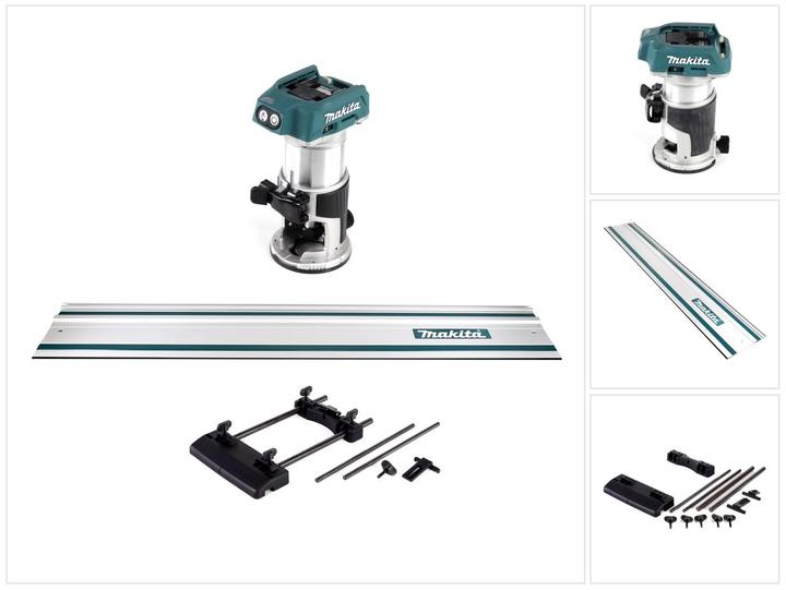 without battery, without charger, 1x copy sleeve, 1x edge router module, 1x suction attachment for hoover, 1x collet chuck 8mm, 1x collet chuck 6mm, 1x adjustable rip fence, 1x Makita DRT50 cordless multifunction router, 1x Makita guide rail 1000 mm ( 199140-0 ), 1x bracket B, 1x bracket A, 1x open-end spanner SW 22 ( 781041-2 ), 2x rod 8, 1x sub adapter, 1x guide rail adapter, 2x rod 12, 5x clamping screw M5x20, 1x open-end spanner SW 13 ( 781039-9 )
