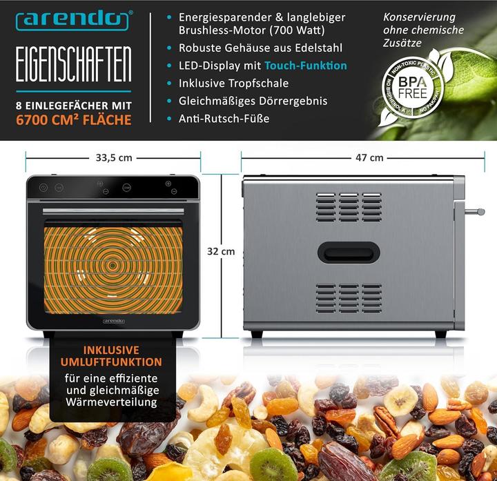Produktbild Arendo Dörrautomat mit 8 Edelstahlgittern (700 W, 35°-85°C)