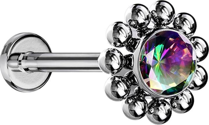 Image du produit Star Piercing Micro Threadless Labret argenté fleur de boule cristal foncé multicolore (sans laiton, Titane)