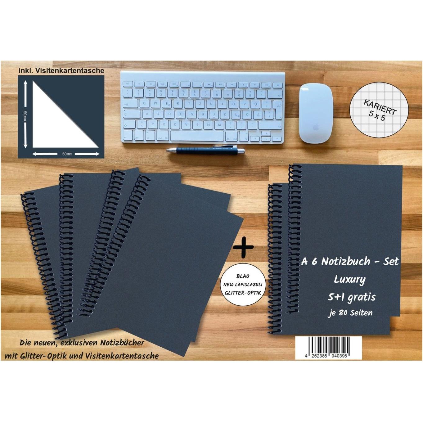 E & Z, Heft + Block, A 6 Notizbuch - Set, 4+2 gratis, Luxury 80 Seiten BLAU NEW LAPISLAZULI GLITTER-OPTIK, kariert 5x5mm...