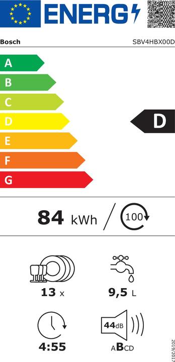 Energie-Label Bosch Hausgeräte Serie 4, Vollintegrierter Geschirrspüler, 60 cm, XXL, SBV4HBX00D