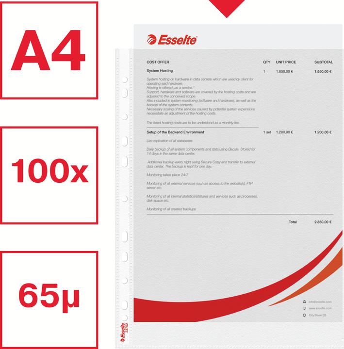 Produktbild Dymo Esselte Prospekthülle Standard, DIN A4, PP, genarbt, 0,07 mm oben offen, dokumentenecht, Eurolochung (A4, 1 x)