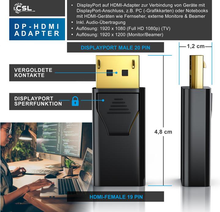 Actual product image CSL DisplayPort to HDMI Adapter, Audio Video Adapter, DP Adapter with Audio Transmission, Full HD 1080p (HDMI, 2.15 cm)