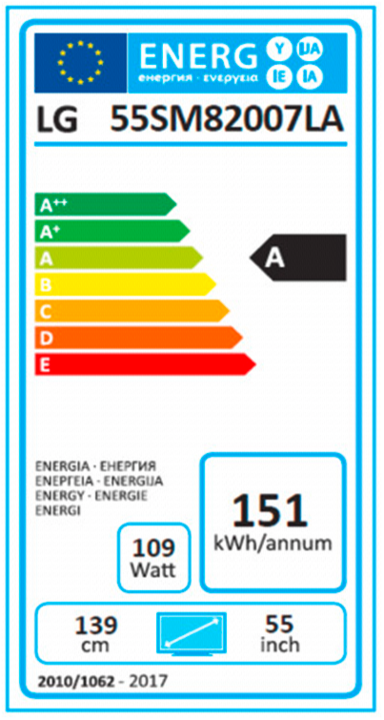 Energie-Label LG 55SM82007LA (55", LCD, 4K, 2019)