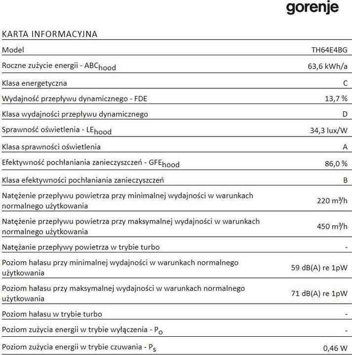 Nährwerte und Zutaten Gorenje TH64E4BG Dunstabzugshaube Halb eingebaut (Pullout) ³/h C (Flachschirmhaube)