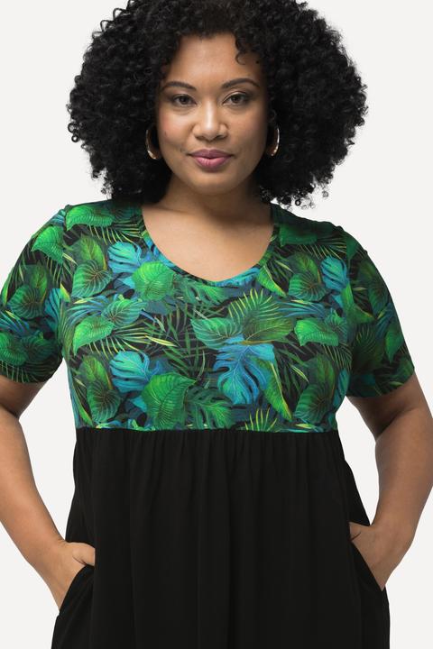 Produktbild Ulla Popken Jerseykleid, Blätter, A-Linie, V-Ausschnitt, Halbarm (54)