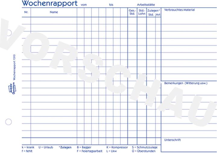 Nährwerte und Zutaten Avery Wochenrapport (100 x)