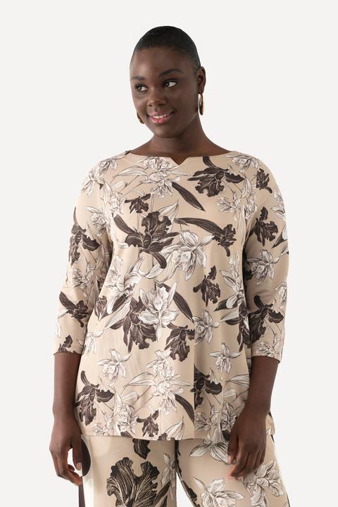 Actual product image Ulla Popken Floral Stretch Flit Wide Neck 3/4 Sleeve Blouse (46, 48)