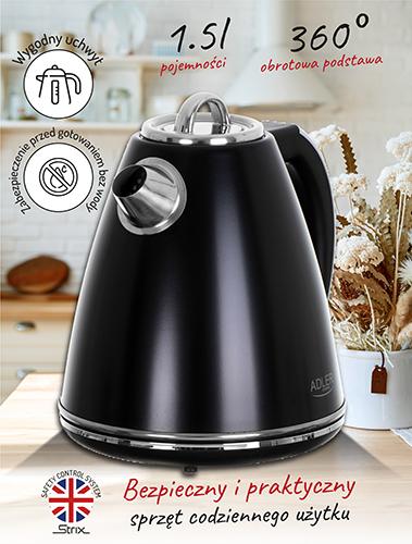 Image du produit Adler AD 1343b Electric, 2200 W, 1.5 L, Stainless steel, 360 ° rotational base, Black (1.50 l)