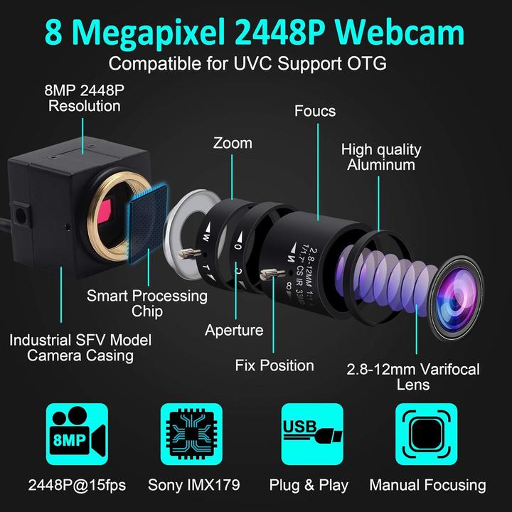 Actual product image ELP 8MP Zoom-Webkamera mit variablem Fokus (8 Mpx)