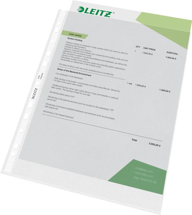 Produktbild Leitz Prospekthülle Standard, A4, PP, genarbt, 0,09 mm oben offen, dokumentenecht, Lochung: Euroloch (A4, 100x)