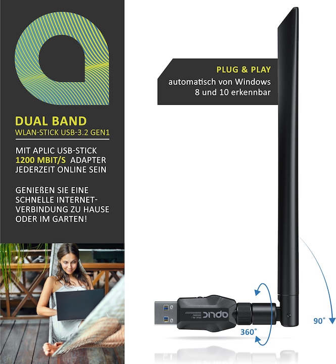 Produktbild Aplic WLAN Stick, WIFI Adapter 1200MBit/s, 2,4Ghz + 5Ghz Dual Band, 5 dBi externe Antenne, USB 3.2 Dongle (USB-C 3.2 Gen 1)