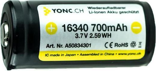 Actual product image Yonc RCR123A 16340 Li-Ion battery with 700 mAh 2 pcs.