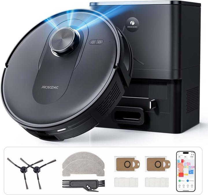 Proscenic Aspirateur robot avec station, navigation Lidar, 6000Pa, 200 min, pour poils d'animaux et tous sols (6000 Pa, Wischtuch)