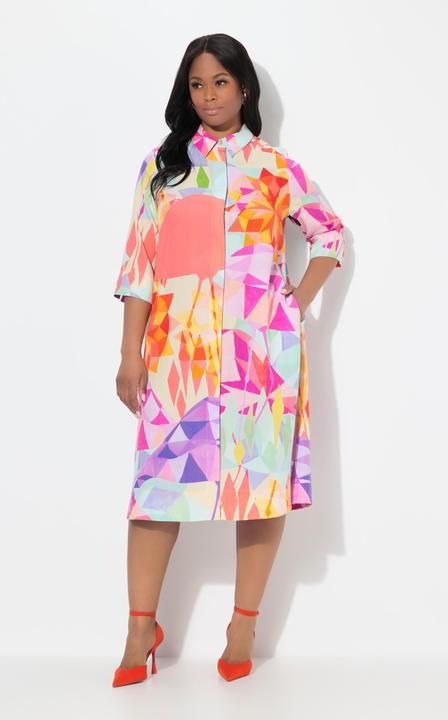 Produktbild Ulla Popken Midi-Lyocellkleid, Flamingos, Hemdkragen, 3/4-Arm (58)