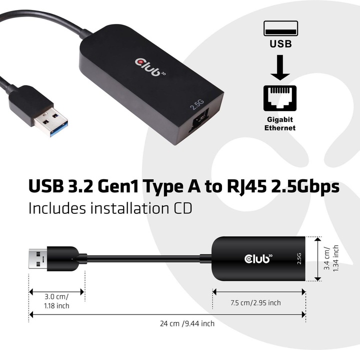 Actual product image Club 3D USB 3.2 Gen1 Type A on RJ45 (USB 3.2, RJ45 (1x))