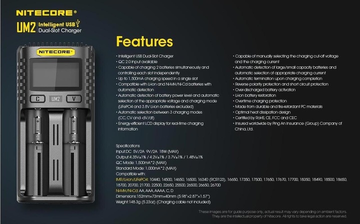 Image du produit Nitecore Chargeur USB UM2 (1 pcs, 14500, 16340, 18650, 26650, Chargeurs sans batterie)