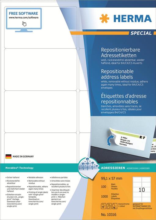 Actual product image HERMA Removable address labels A4