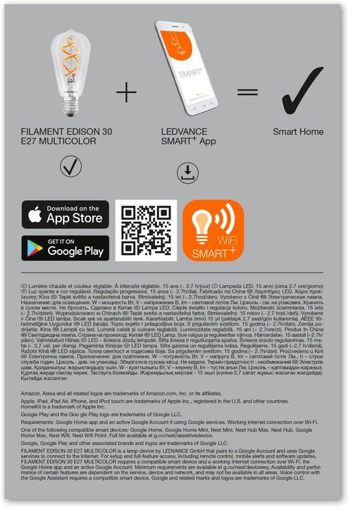 Produktbild Ledvance Smarte LED-Lampe mit Wifi, E27, RGB-Farbwechsel, Edison-Form, dimmbar, Alexa- und Google-kompatibel (E27, 4x)