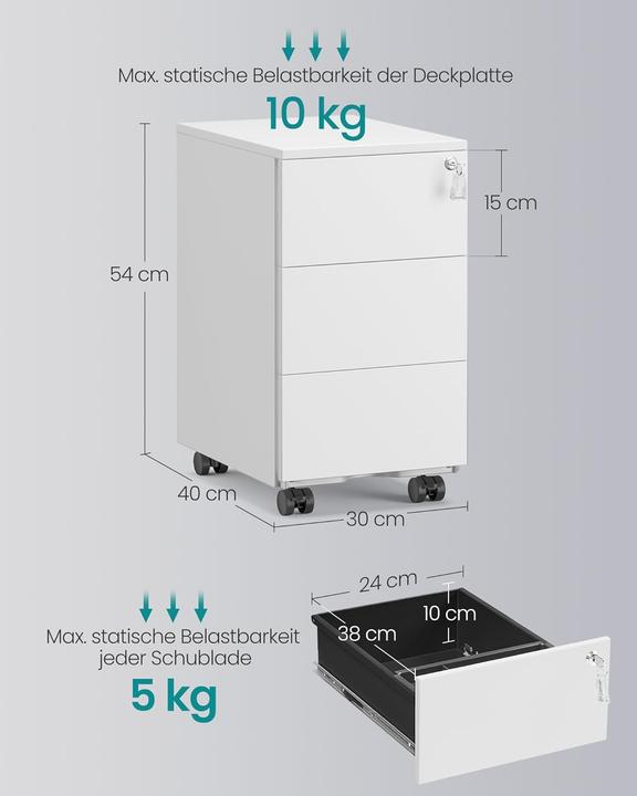 Image du produit Songmics Mobiler Aktenschrank OFC079W01 mit 3 Schubladen, abschliessbar
