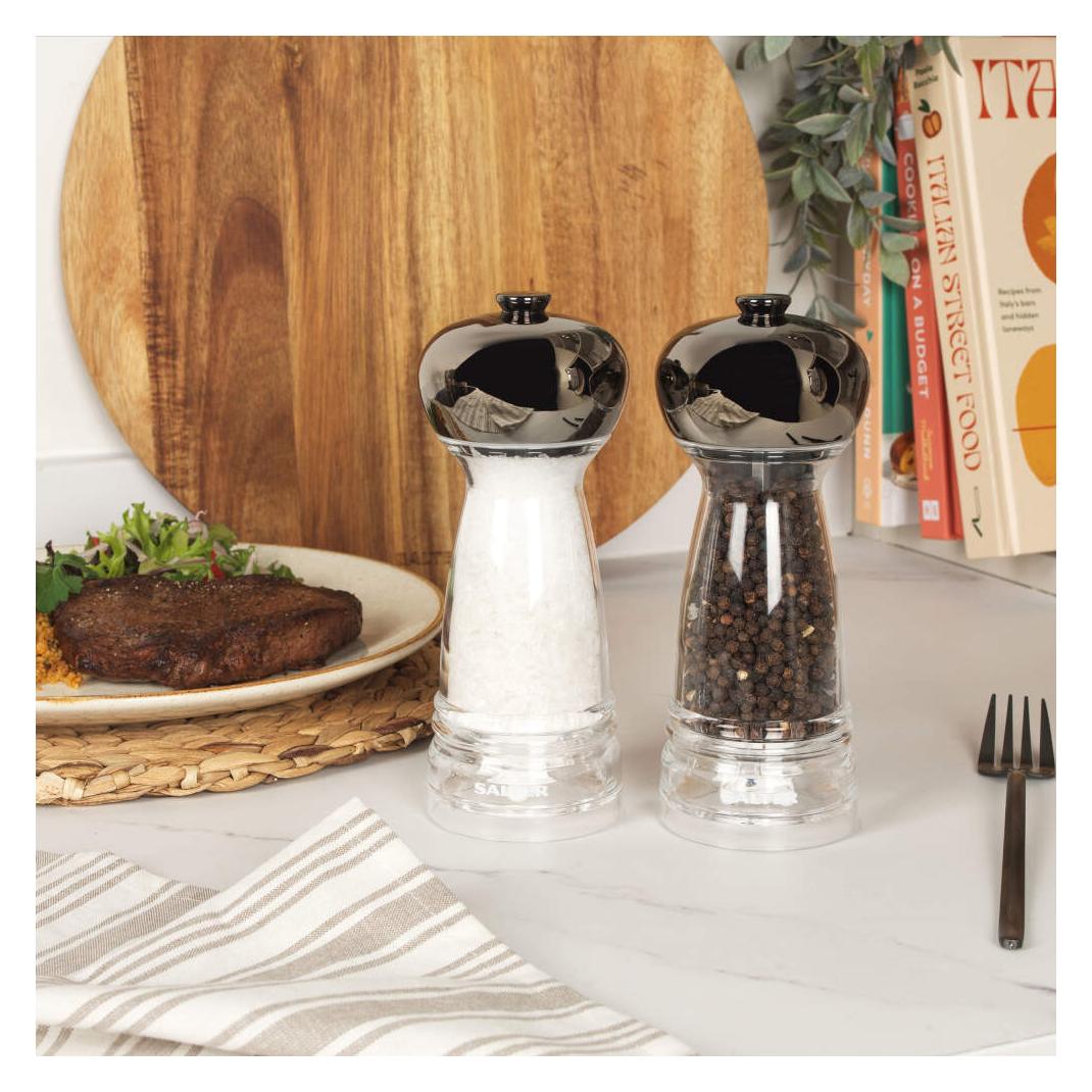 Sale e Pepe Grinder Set – Sale e Pepe Mills Premium con corpo in vetro e grossolanità regolabile, sale e pepe in acciaio inossidabile spazzolato, 5 x 2,5