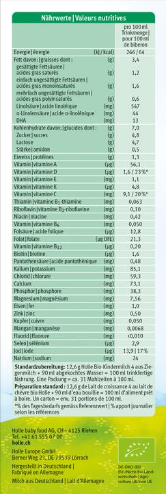 Valori nutrizionali e ingredienti Holle Latte biologico per bambini 4 da latte di capra (400 g, a partire da 12 m.)