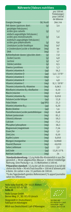 Valori nutrizionali e ingredienti Holle Latte biologico per bambini 4 da latte di capra (400 g, a partire da 12 m.)