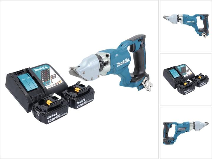1x Makita DJS 200 Akku Blechschere, 1x Flachrundkopfschraube M4x12 (266622-8), 1x Einhängebügel (346317-0), 2x Makita BL 1830 B 18 V 3,0 Ah Akku, 1x Makita DC 18 RC Akku Schnell Ladegerät