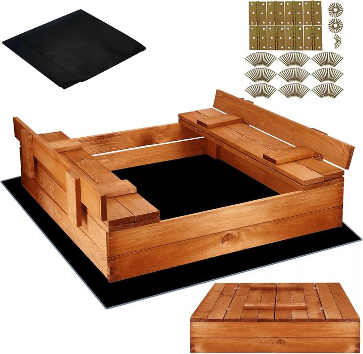 Produktbild Milkii Sandkasten für Kinder aus Holz mit Abdeckung / Sitzbänke, 98 x 98 cm