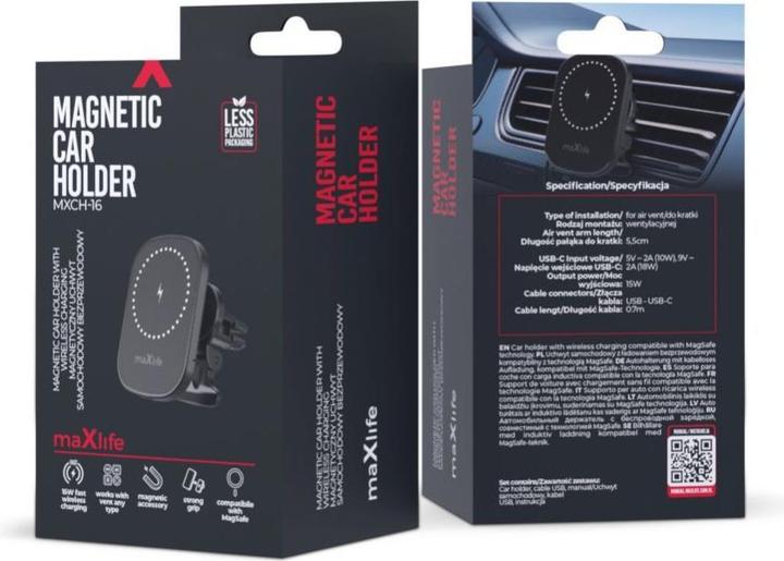 Produktbild Maxlife Autohalterung für Lüftungsschlitze MXCH-16 magnetisch mit kabellosem Laden schwarz 15W