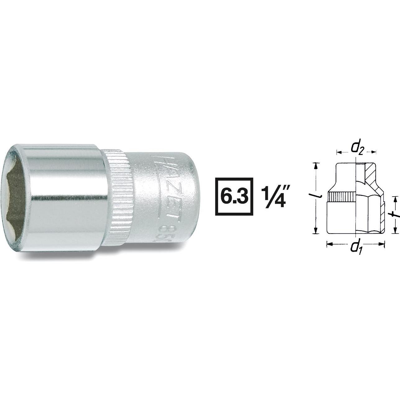 HAZET, Steckschlüssel + Stecknuss, Steckschlüsseleinsatz ∙ Sechskant 850A-1/4 ∙ Vierkant6,3 mm (1/4 Zoll) ∙ Aussen Sechs...