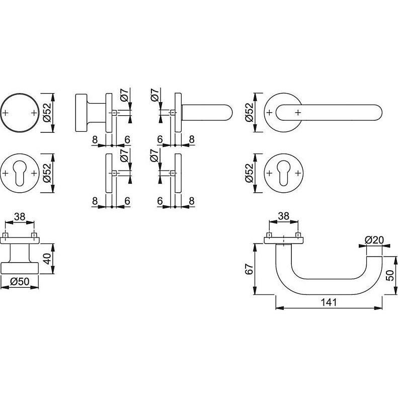 Thumbnail - Hoppe, Türgriff + Fenstergriff, Rosettengarnitur Paris E58/42KV/42KVS/138Z Edelstahl F69 rund PZ DIN links / rechts flac...