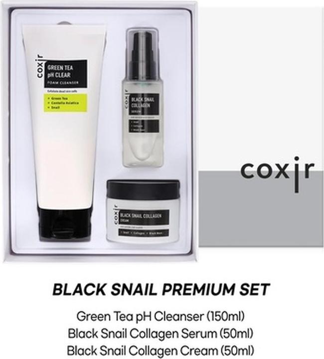 Image du produit Coxir Black Snail Gift Set Foam Cleanser Serum Cream Black Rice Bean Sesame Snail Mucin Collagen P (Kit de soins du visage)