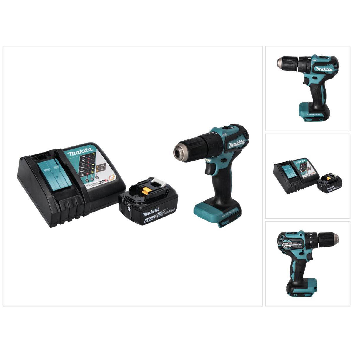 Makita, Bohrmaschine + Akkuschrauber, DHP 483 RG1 Akku Schlagbohrschrauber 18 V 40 Nm Brushless + 1x Akku 6,0 Ah + Ladeg...