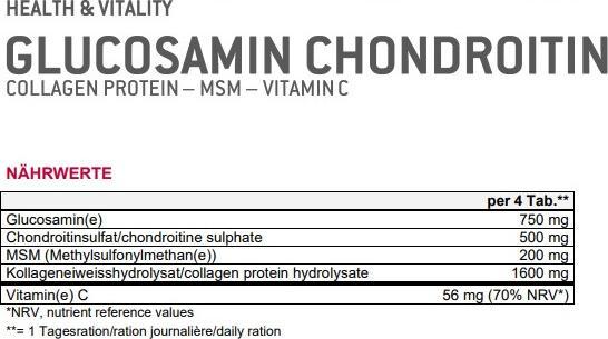 Nährwerte und Zutaten Sponser Glucosamin Chondroitin (180 Stück, Tabletten, 201 g)