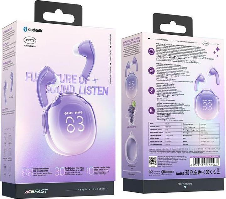 Actual product image Acefast Earphones TWS T9, Bluetooth 5.3, IPX4 (grape purple) (ANC, 6.50 h, Cable)