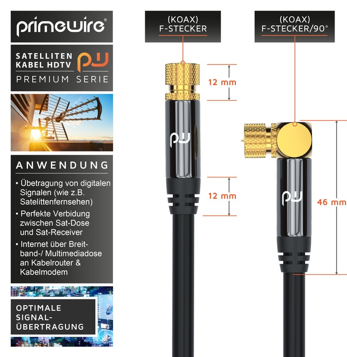 Produktbild Primewire SAT Kabel HDTV 90° gewinkelt - Premium SAT Koaxialkabel - TV Radio DVB-T DVB-C - 4 Fach Schirmung (135 dB, SAT Kabel)