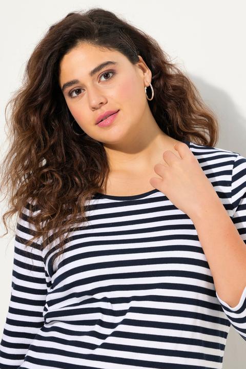 Immagine prodotto Ulla Popken Maglia in jersey a costine con righe, scollo a girocollo e maniche a 3/4 (46, 48)