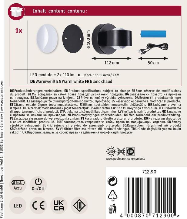 Produktbild Paulmann LED Akkuwandleuchte Zorik IP44 dimmbar 2700K 100mm 2x1.1W (220 lm)