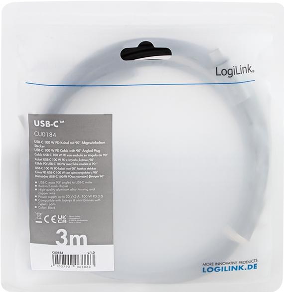 Produktbild LogiLink USB 2.0 Type-C-Kabel, C/M 90° zu USB-C/M, E-mark, PD, schwarz, 3 m (3 m, USB 2.0, 100 W)