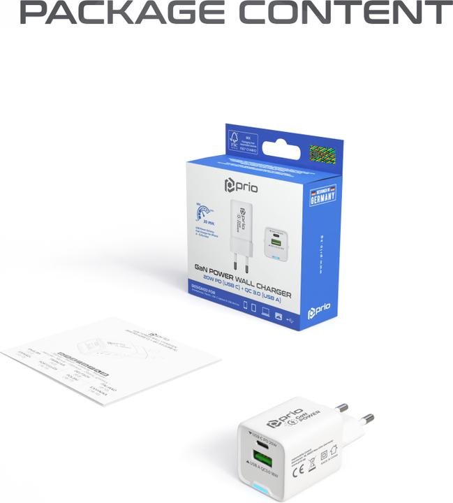 Image du produit prio Chargeur GaN Power 20W PD (USB C) + QC 3.0 (USB A) blanc (20 W, 2 ports)