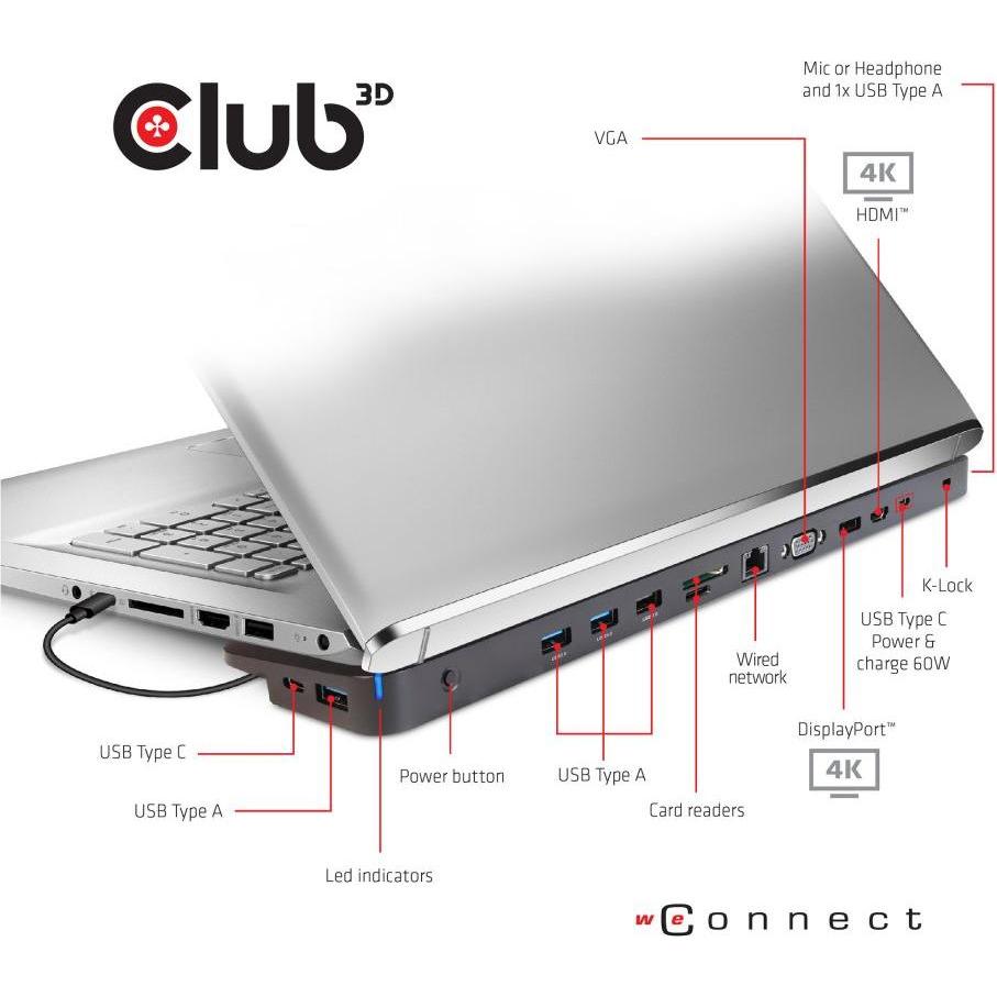 Thumbnail - Club 3D Triple Display Dynamic (Docking Port, 4 Ports), Dockingstation + USB Hub, Schwarz