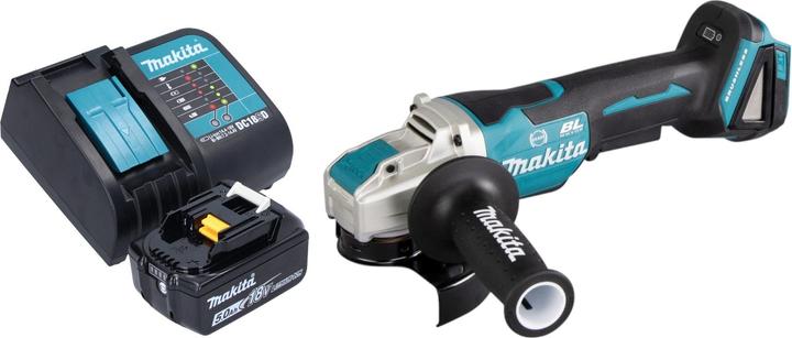 1x smerigliatrice angolare a batteria Makita DGA 520, 1x impugnatura laterale 36 cpl. (158237-4), 1x coperchio di protezione 125 mm (347618-9), 1x batteria ricaricabile Makita BL 1850 B 18 V 5.0 Ah, 1x caricabatterie Makita DC 18 SD