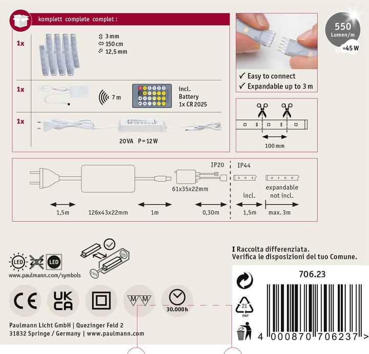 Immagine prodotto Paulmann Set di strisce MaxLED 500 (Luce del giorno, Bianco, Bianco caldo, 150 cm, Interno)