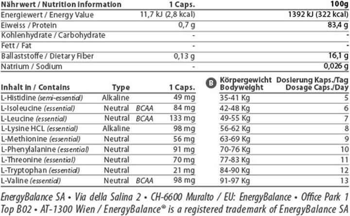 Nährwerte und Zutaten Energybalance Amino Essential (150 Stück, Kapseln, 125 g)